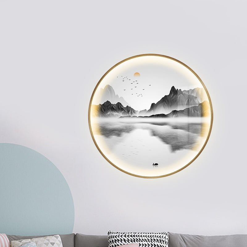 Gold Asia Style Led Wall Lamp With River And Mountain Pattern
