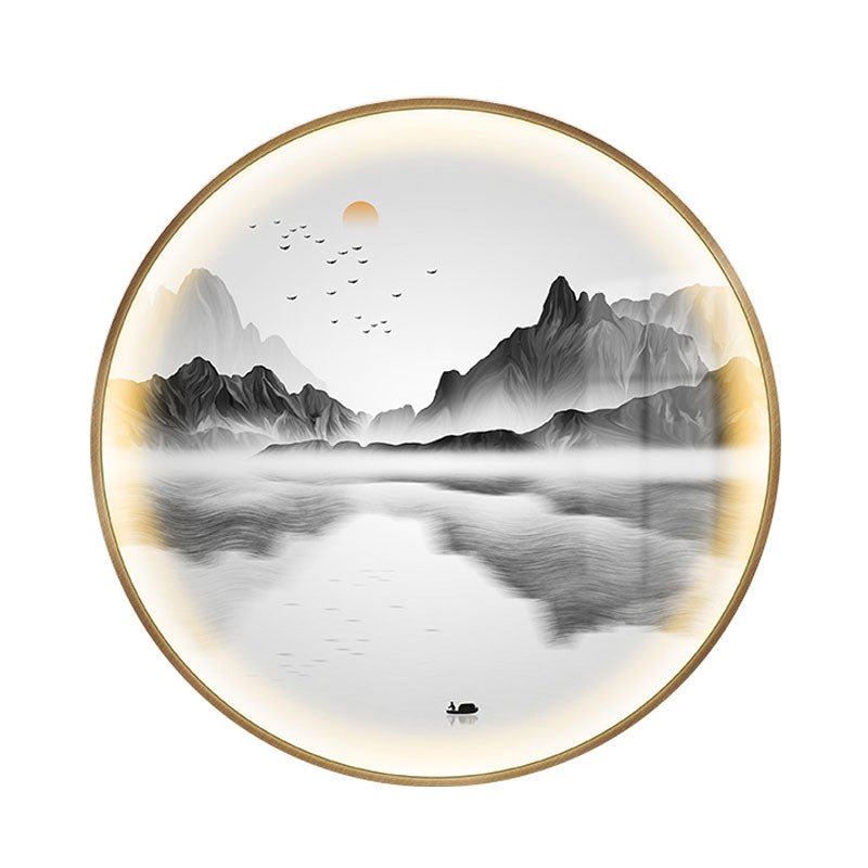 Gold Asia Style Led Wall Lamp With River And Mountain Pattern
