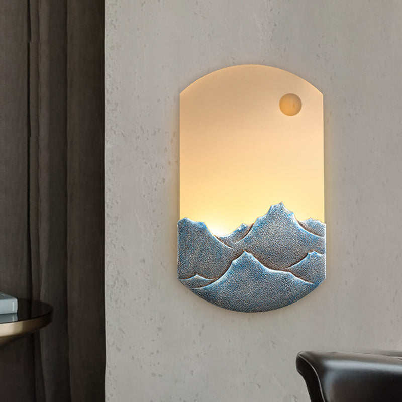 Chinese Style Led Oval Wall Mural Light - Silver/Brown Acrylic Mount With Mountain Pattern For