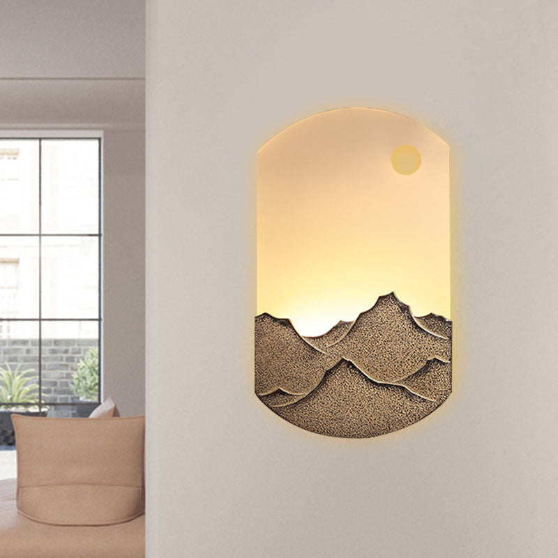 Chinese Style Led Oval Wall Mural Light - Silver/Brown Acrylic Mount With Mountain Pattern For