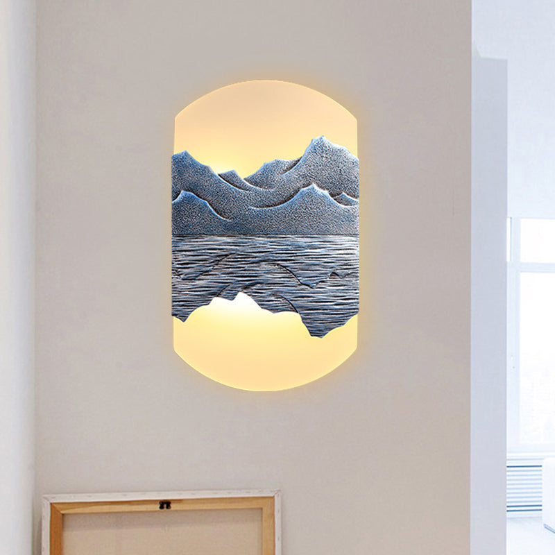 Elegant Oval Corridor Mountain Wall Mural Led Oriental Style Light Fixture In Silver/Brown