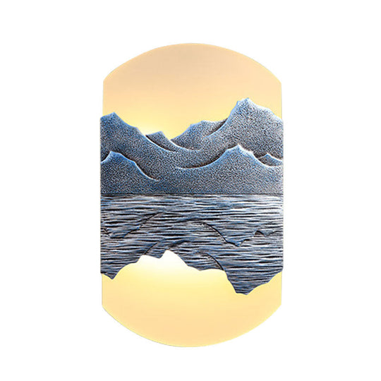 Elegant Oval Corridor Mountain Wall Mural Led Oriental Style Light Fixture In Silver/Brown