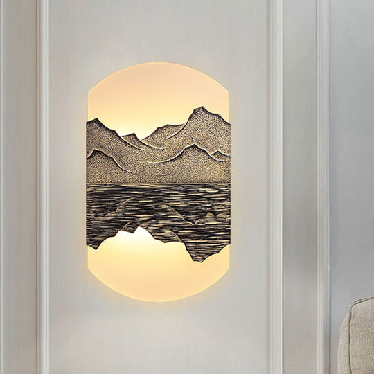 Elegant Oval Corridor Mountain Wall Mural Led Oriental Style Light Fixture In Silver/Brown Brown / A