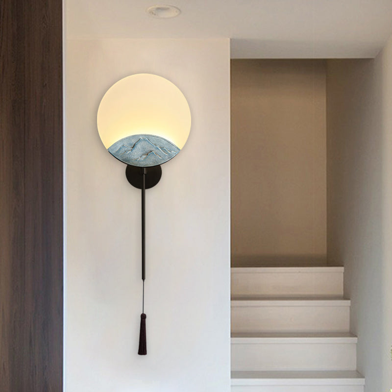 Elegant Oval Corridor Mountain Wall Mural Led Oriental Style Light Fixture In Silver/Brown