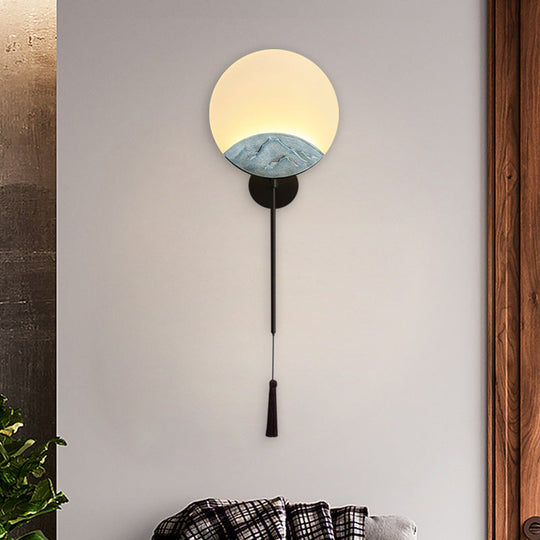 Elegant Oval Corridor Mountain Wall Mural Led Oriental Style Light Fixture In Silver/Brown