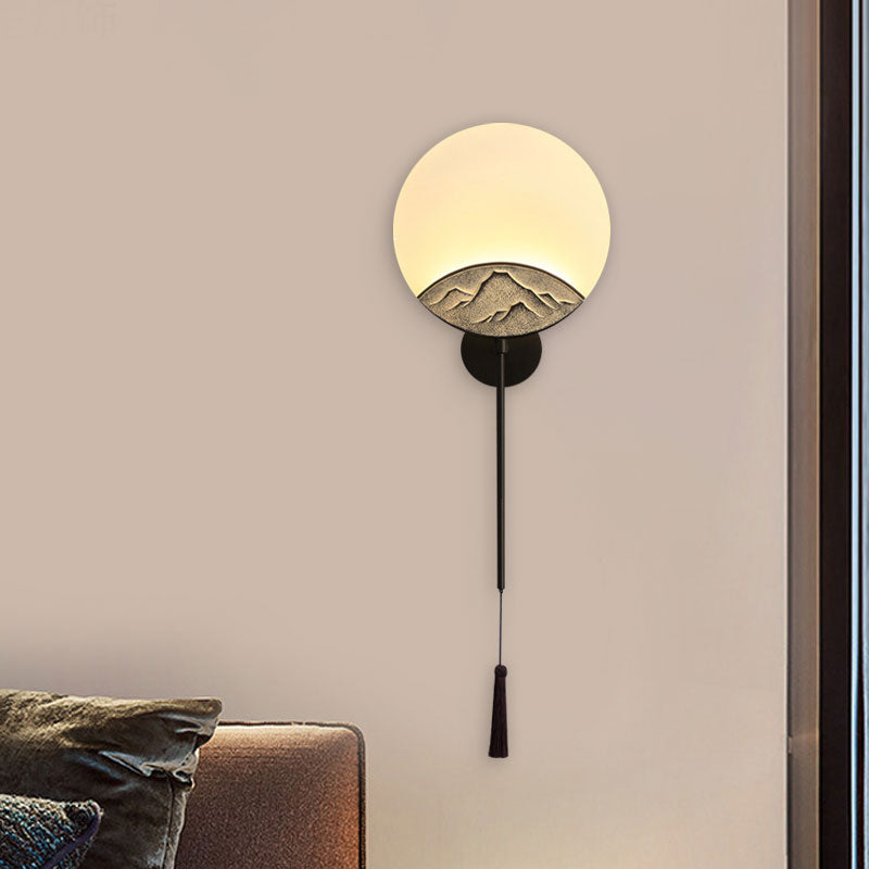 Elegant Oval Corridor Mountain Wall Mural Led Oriental Style Light Fixture In Silver/Brown