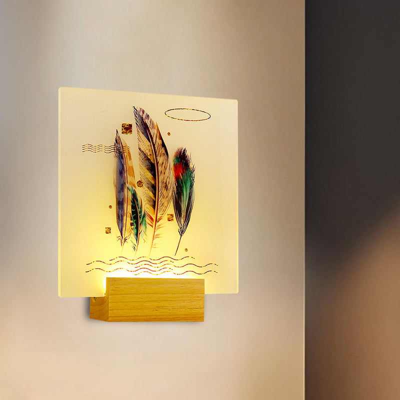 Asia Style Wood Feather Wall Lamp With Led Mural Light For Living Room