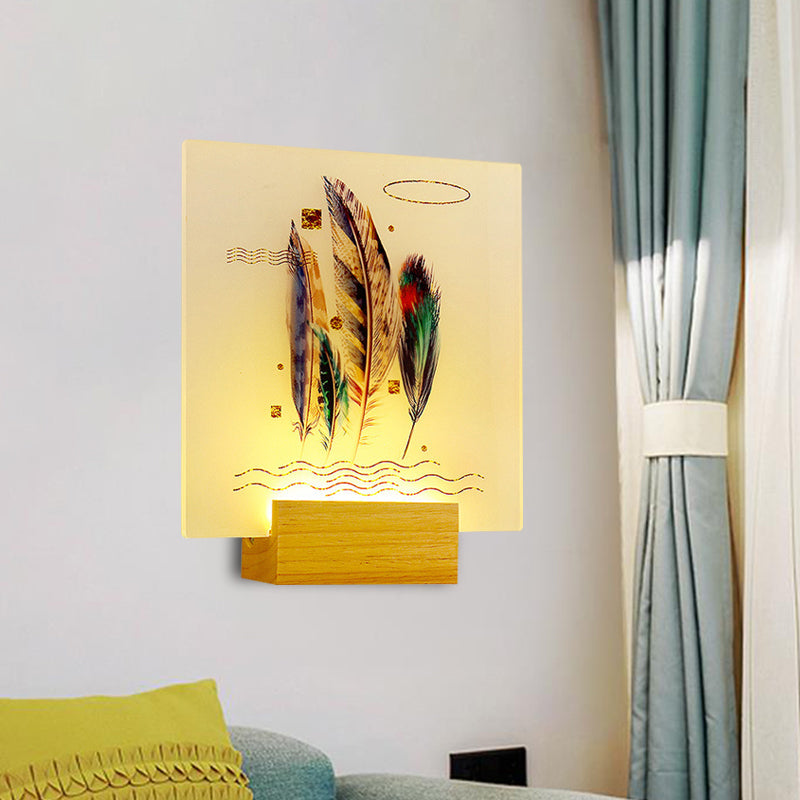Asia Style Wood Feather Wall Lamp With Led Mural Light For Living Room