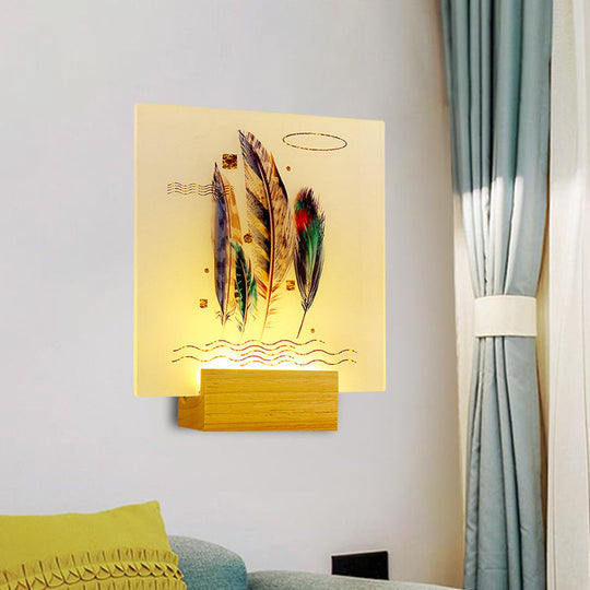 Asia Style Wood Feather Wall Lamp With Led Mural Light For Living Room