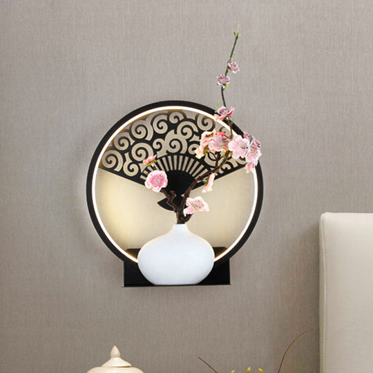 Oriental Led Wall Lamp: Rounded Metallic Mural With Plum Pattern Black Mount Warm/White Light /