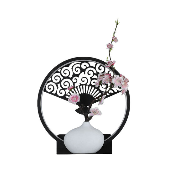Oriental Led Wall Lamp: Rounded Metallic Mural With Plum Pattern Black Mount Warm/White Light