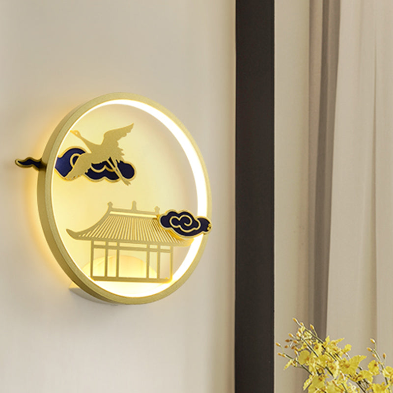 Circular Crane And House Wall Lighting Asia Style Metallic Led Hallway Mural Light In Gold