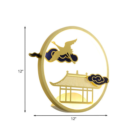 Circular Crane And House Wall Lighting Asia Style Metallic Led Hallway Mural Light In Gold