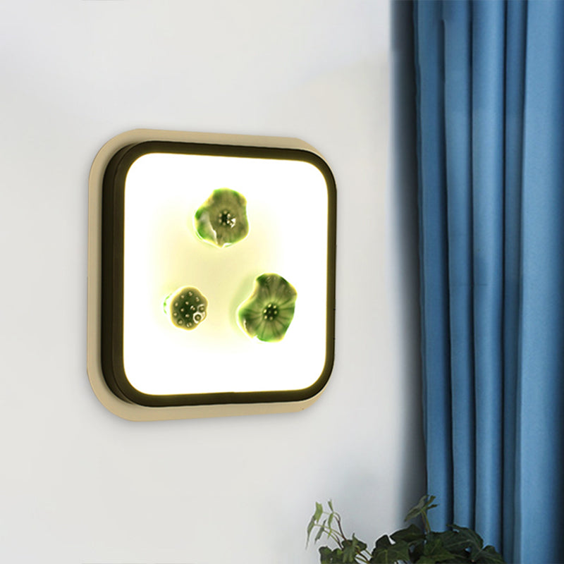 Chinese Style Lotus Wall Lamp: Led Porcelain Light In Black And White Square Design Black-White