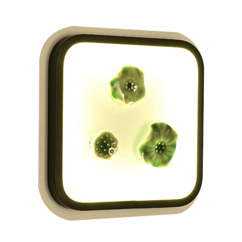 Chinese Style Lotus Wall Lamp: Led Porcelain Light In Black And White Square Design