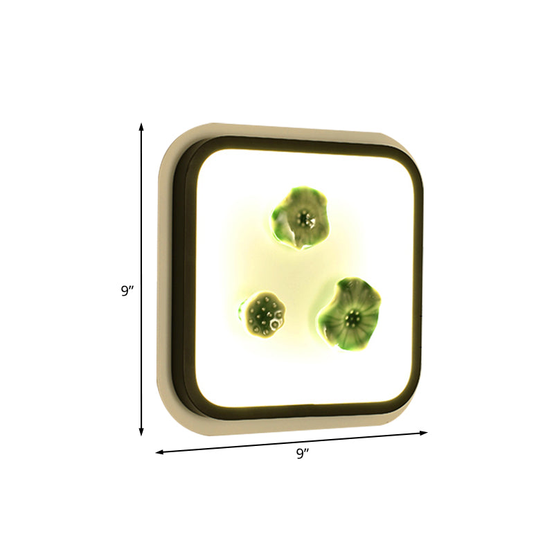 Chinese Style Lotus Wall Lamp: Led Porcelain Light In Black And White Square Design