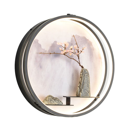 Black Oriental Metal Wall Mounted Led Light With Mountain And Flower Pattern