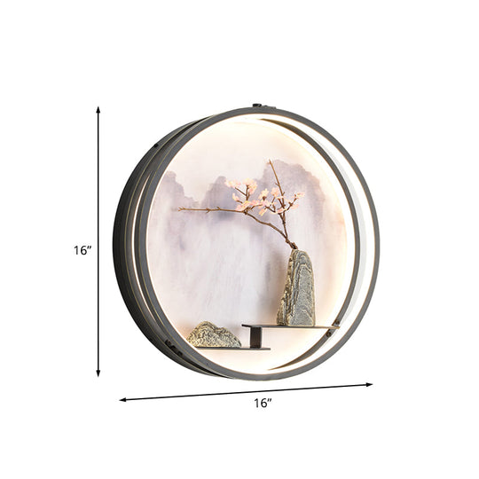 Black Oriental Metal Wall Mounted Led Light With Mountain And Flower Pattern