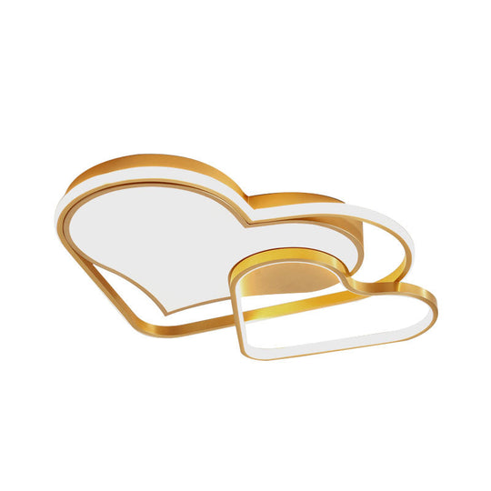 Nordic Style Metallic Led Gold Flush Mount Lamp With Dual Loving Heart Design
