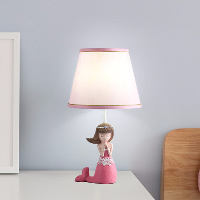 Aludra - Pink Cartoon Single Desk Light With Barrel Shade Fabric Finish Girl Night Table Lamp