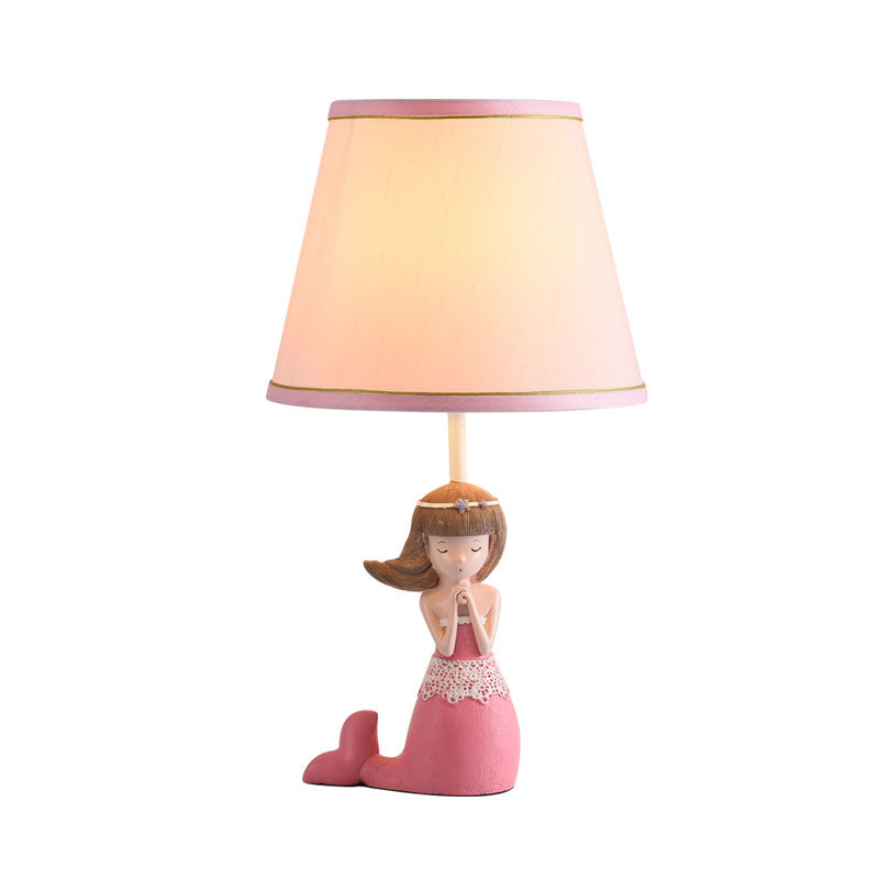 Aludra - Pink Cartoon Single Desk Light With Barrel Shade Fabric Finish Girl Night Table Lamp