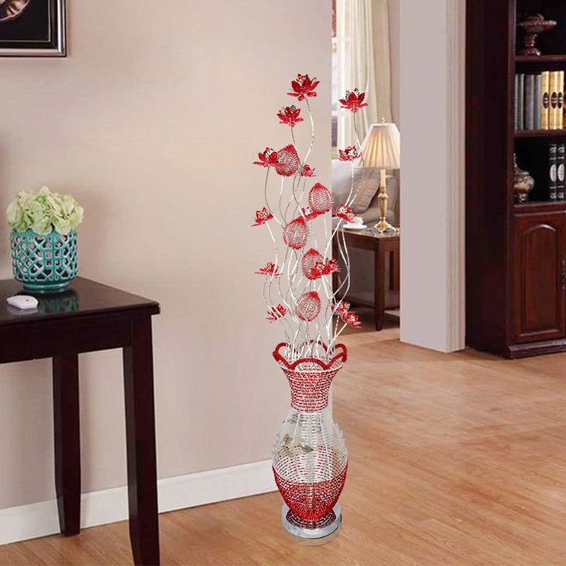 Red Led Vase Floor Lamp With Flower Design - Stylish Metallic Standing Light