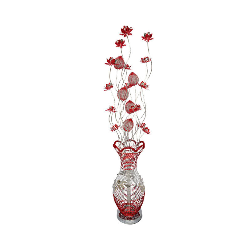 Red Led Vase Floor Lamp With Flower Design - Stylish Metallic Standing Light