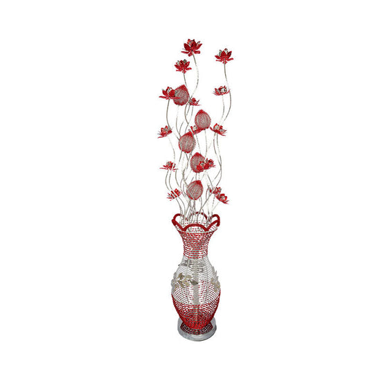 Red Led Vase Floor Lamp With Flower Design - Stylish Metallic Standing Light