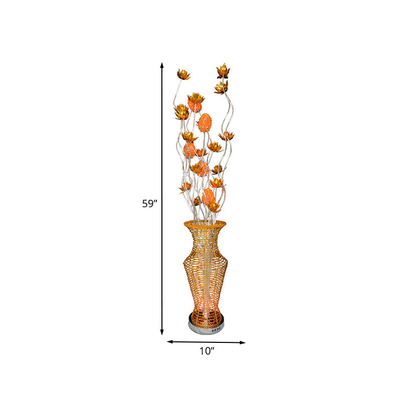 Gold Led Floor Lamp With Hollowed Vase Design And Bloom Decor - Perfect For Bedroom