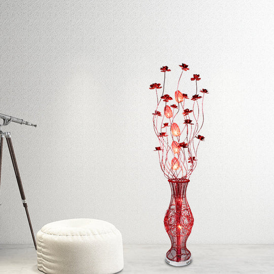 Red Curvy Floral Aluminum Led Floor Lamp With Urn Pedestal - Stylish Bedroom Decor