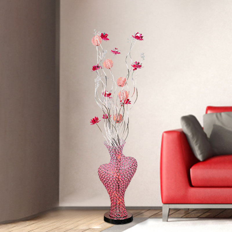 Red Metal Floret Standing Lamp: Led Decorative Floor Light With Crystal Encrusted Detail