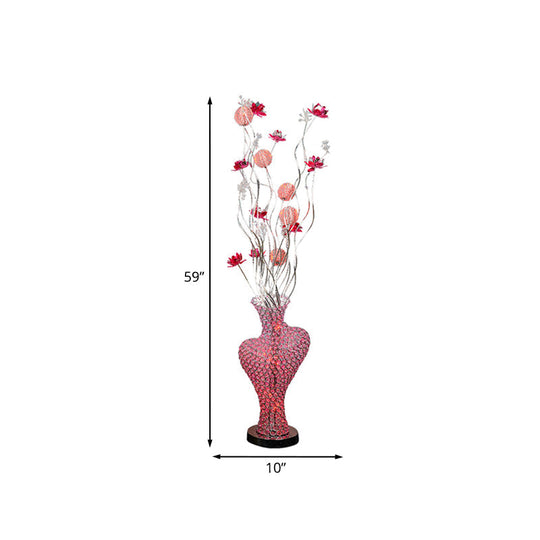 Red Metal Floret Standing Lamp: Led Decorative Floor Light With Crystal Encrusted Detail