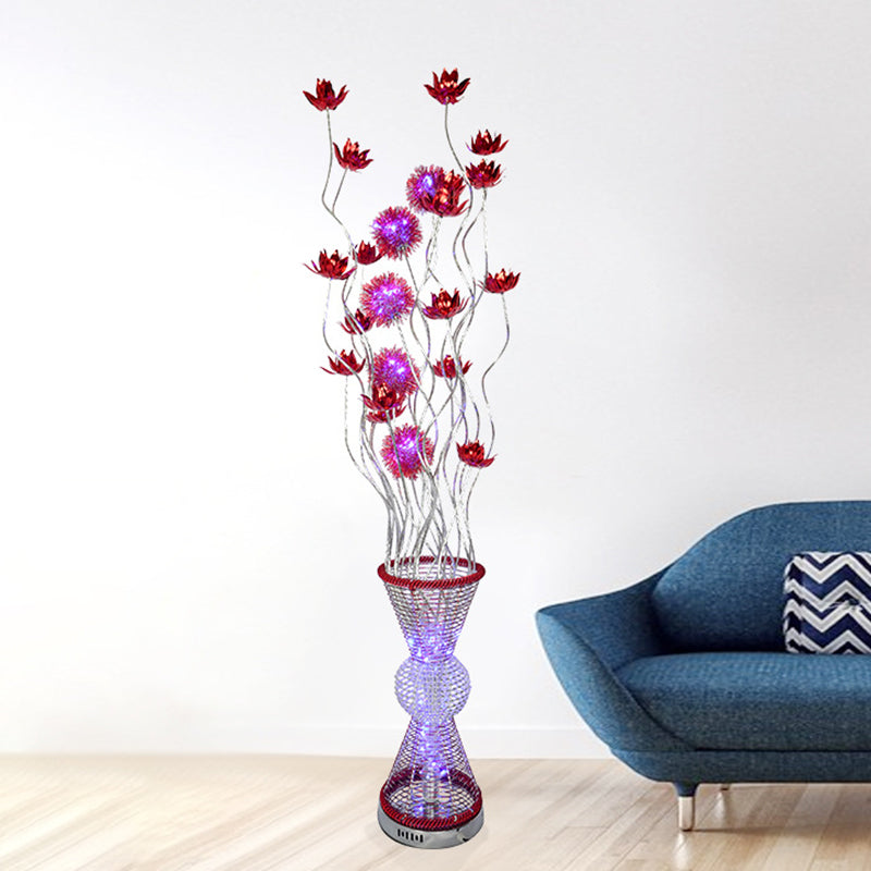 Red Led Aluminum Floor Lamp With Curved Stick And Floret: Art Decor Hourglass Light
