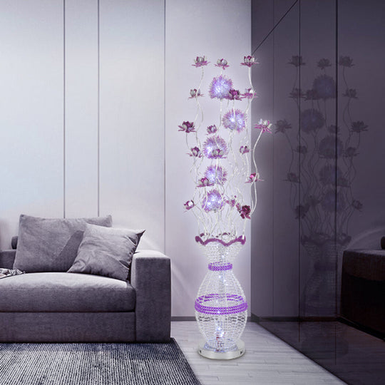 Modern Metal Hollow Urn Floor Lamp With Led Bulb Purple Blossom Decor - Bedroom Reading And Ambient