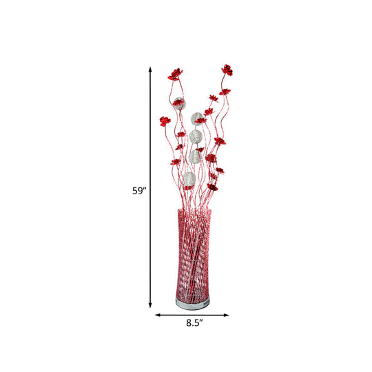 Led Decorative Aluminum Floor Reading Lamp - Twill Cylinder Style In Red/Gold With Bloom Design