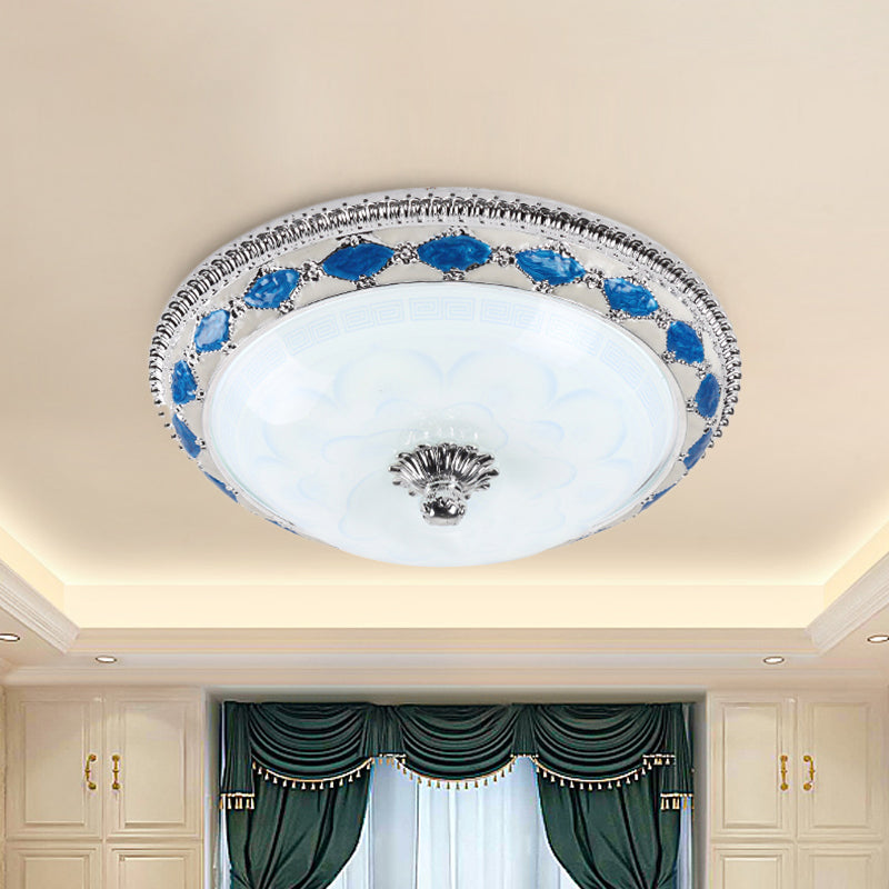 Rustic Blue Led Glass Dome Bedroom Flushmount Light Fixture With Crystal Accent 12’/16’/19.5’ Wide