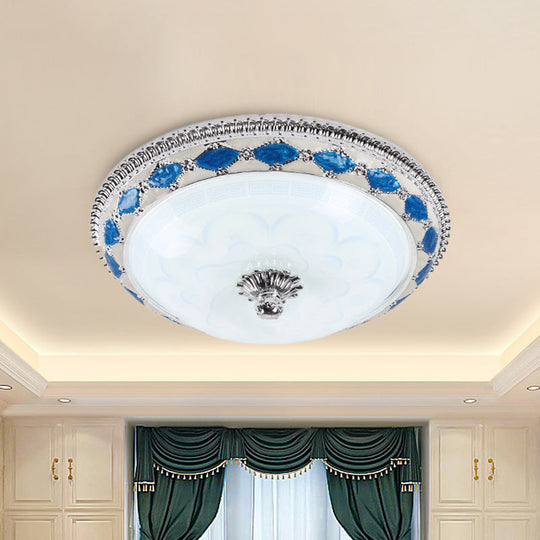 Rustic Blue Led Glass Dome Bedroom Flushmount Light Fixture With Crystal Accent 12’/16’/19.5’ Wide