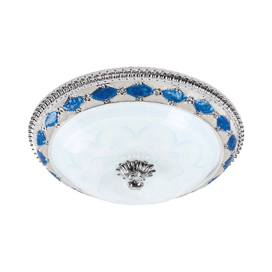 Rustic Blue Led Glass Dome Bedroom Flushmount Light Fixture With Crystal Accent 12’/16’/19.5’ Wide