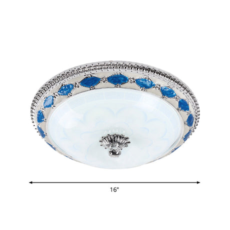 Rustic Blue Led Glass Dome Bedroom Flushmount Light Fixture With Crystal Accent 12/16/19.5 Wide