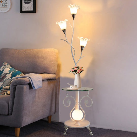 Faceted Glass Floor Lamp With Countryside Black/White Floral Shade - 3 Lights Ideal For Living Rooms