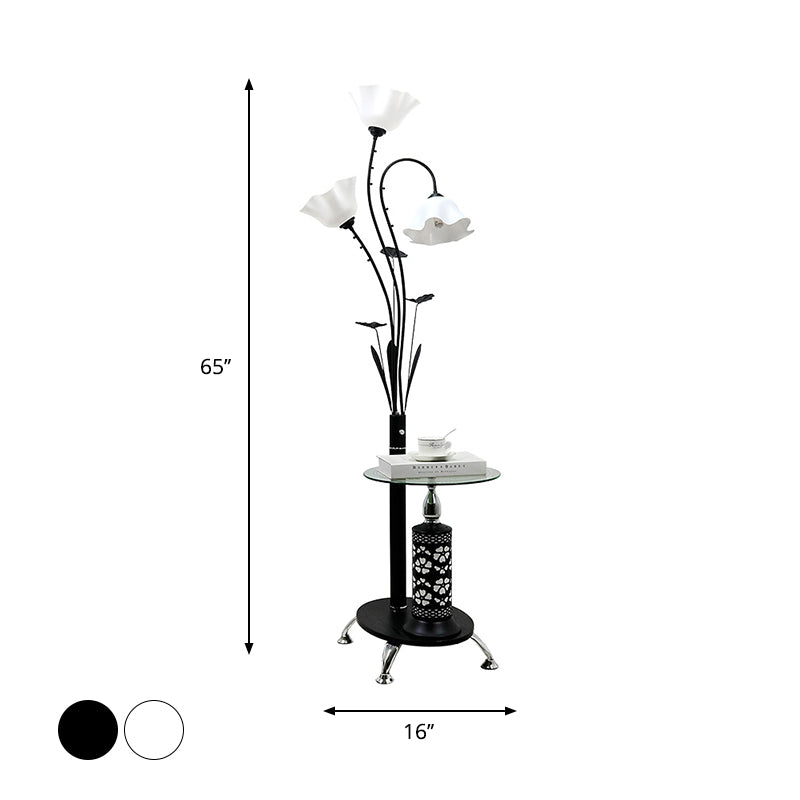 Metallic Floor Lamp: 3-Light Countryside Tree Design Black/White Guest Room Standing Up Floral Shade