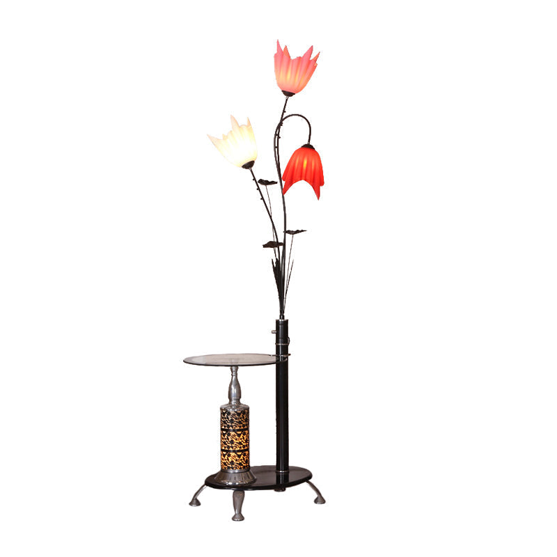 Tree-Shaped Countryside Metallic Floor Lamp: 3-Light Standing Black With Floral Crystal Shade