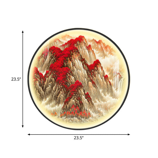 Red Oriental Style Led Wall Lamp With Mountain Pattern Metallic Mural Light For Guest Room