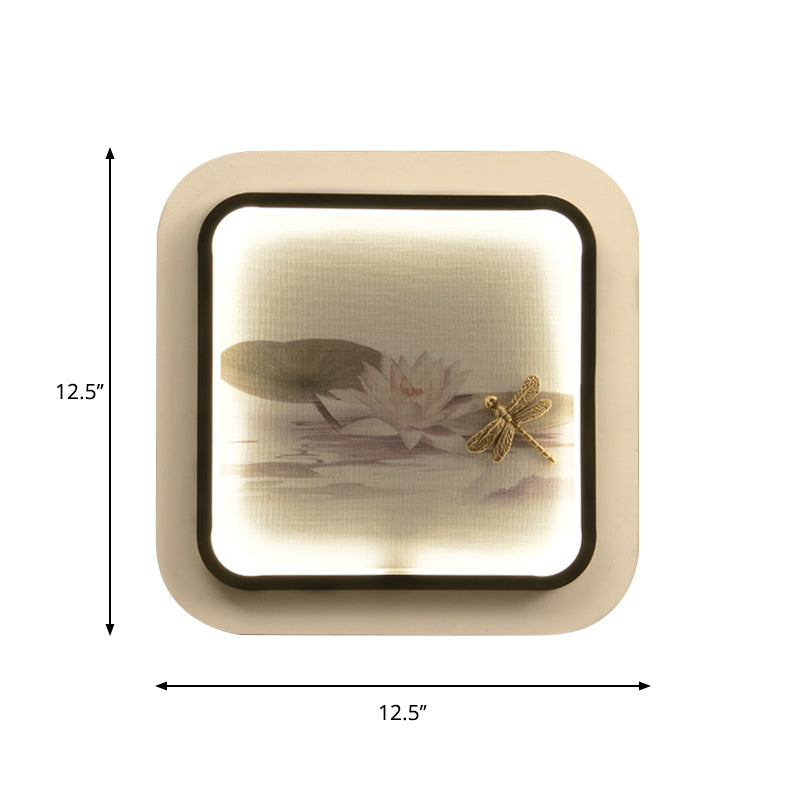 Black & White Chinese Led Wall Light With Lotus Dragonfly Pattern - Square Metal Fixture