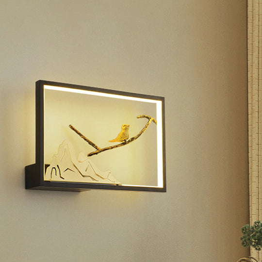 Metal Oriental Style Led Wall Light With Bird And Mountain Mural In Black