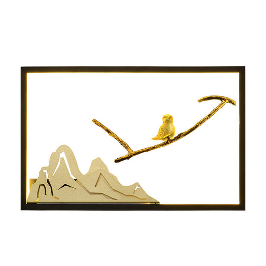 Metal Oriental Style Led Wall Light With Bird And Mountain Mural In Black