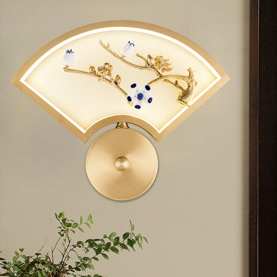 Chinese Style Led Gold Branch Wall Mural Lamp - Fan Metal Mounted Lighting For Corridors