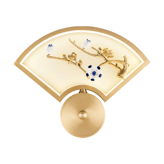 Chinese Style Led Gold Branch Wall Mural Lamp - Fan Metal Mounted Lighting For Corridors