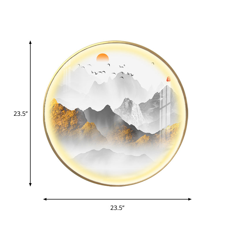 Oriental Led Wall Light With Mountain And Sun Pattern - Gold Mount Fixture