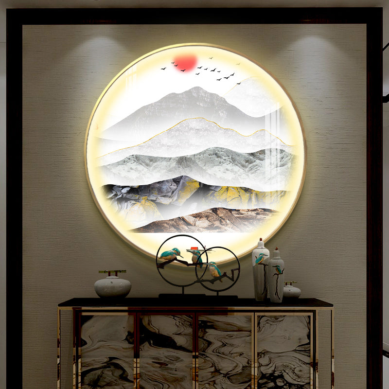 Oriental Led Wall Light With Mountain And Sun Pattern - Gold Mount Fixture / B